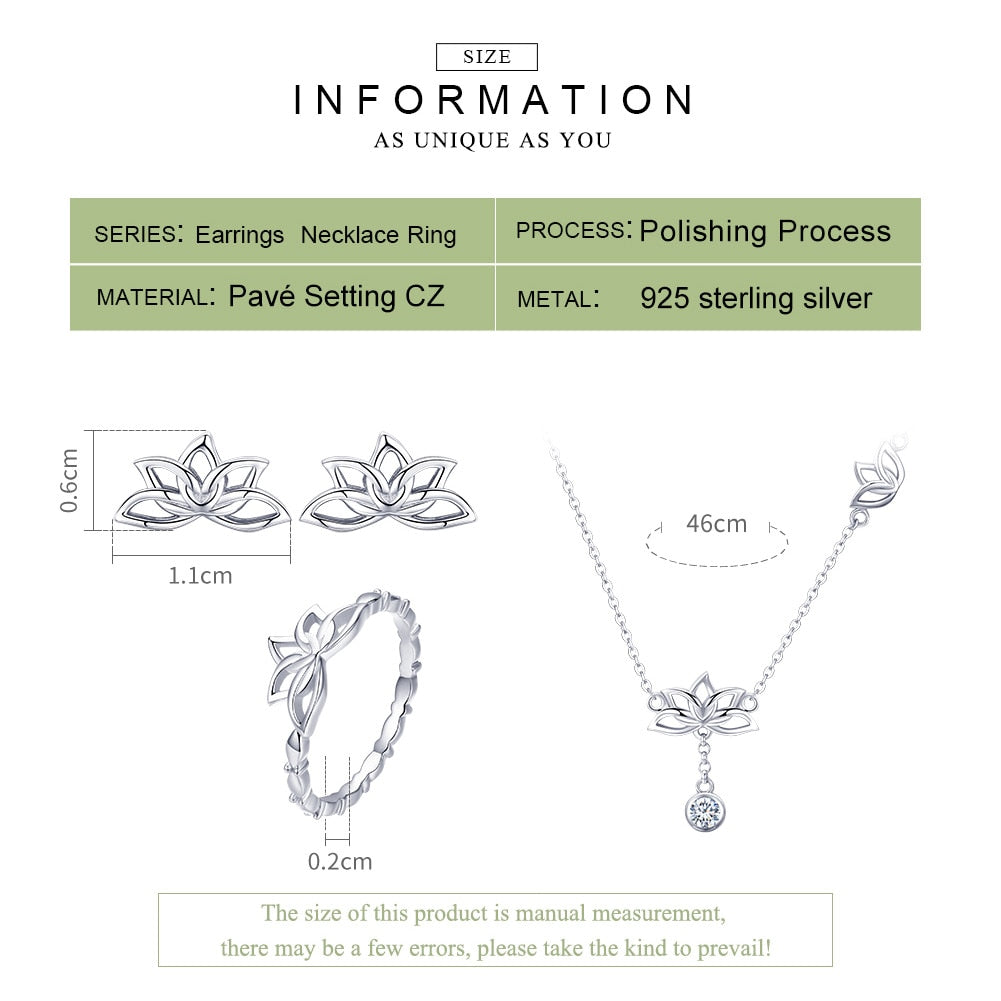 925 Sterling Silver Elegant Lotus Necklace Jewelry Set