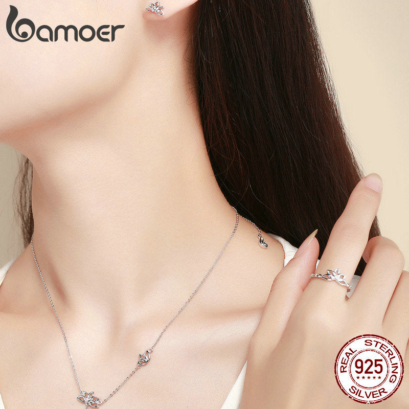 925 Sterling Silver Elegant Lotus Necklace Jewelry Set