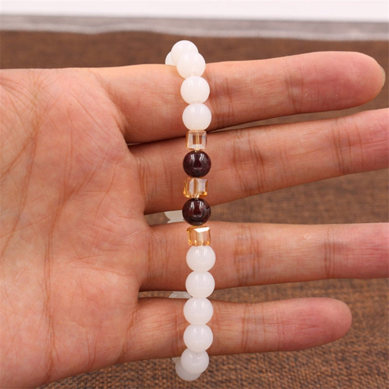 Top Natural White Chalcedony Garnet Bracelet Bangle For Women Jewelry Buddha Elastic Yoga Stone Bead Bracelet DropShipping