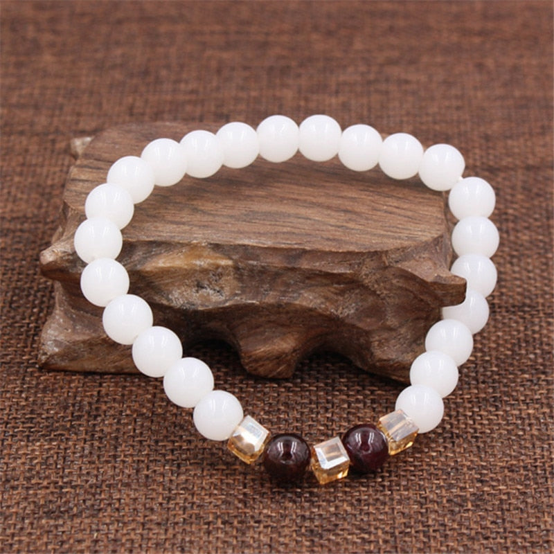 Top Natural White Chalcedony Garnet Bracelet Bangle For Women Jewelry Buddha Elastic Yoga Stone Bead Bracelet DropShipping