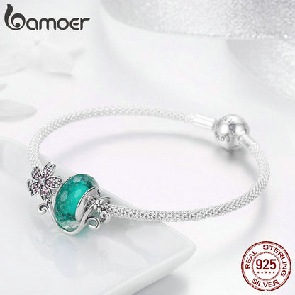 925 Sterling Silver Daisy Flower Green glass bead bracelet