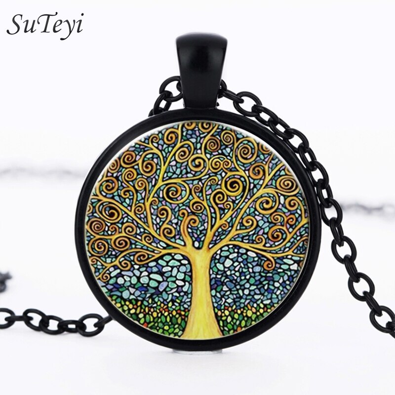 Vintage Tree of Life Necklace Retro Painting Glass Cabochon Pendant Necklaces For Women Fashion Jewelry