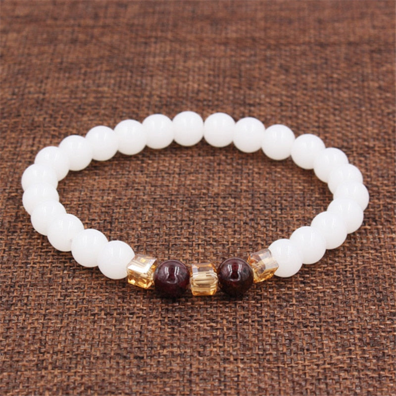 Top Natural White Chalcedony Garnet Bracelet Bangle For Women Jewelry Buddha Elastic Yoga Stone Bead Bracelet DropShipping