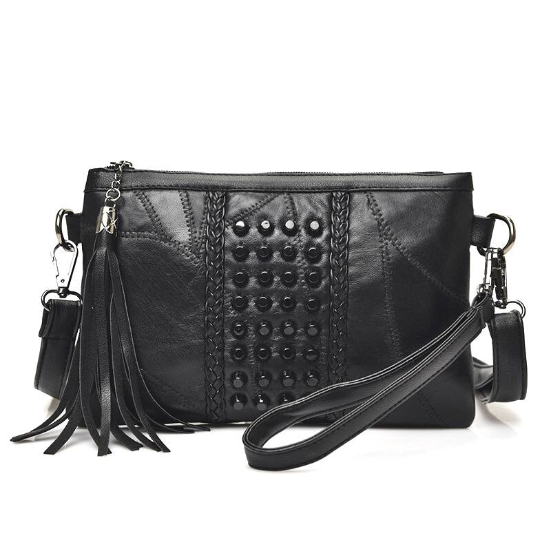 Black luxury leather cross strap fringed handbag