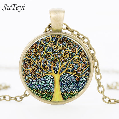 Vintage Tree of Life Necklace Retro Painting Glass Cabochon Pendant Necklaces For Women Fashion Jewelry